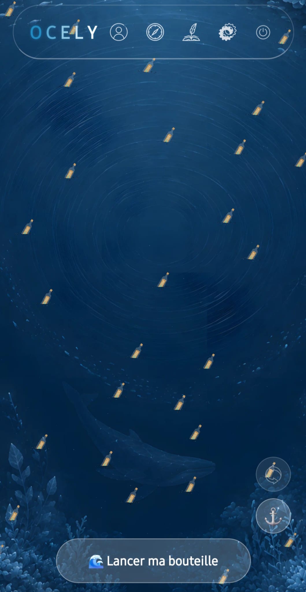 Écran Océan de l'app OCELY : des dizaines de bouteilles ambrées dérivent dans des profondeurs bleutées où passe une baleine, bouton « Lancer ma bouteille ».