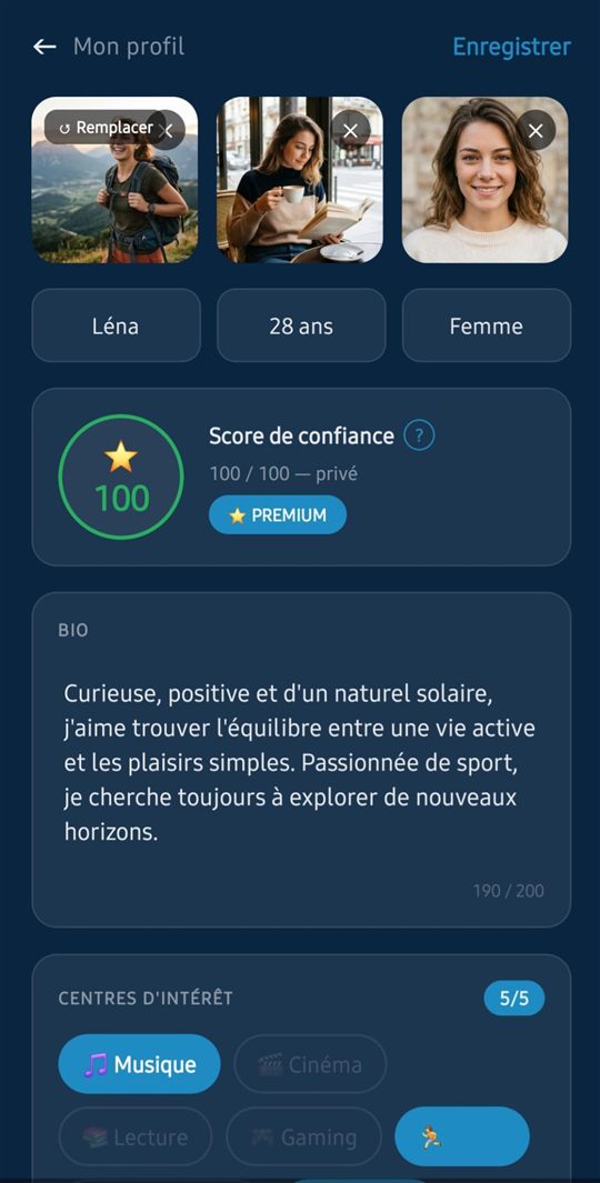 Écran Mon profil : photos vérifiées, score de confiance de 100 sur 100, bio et centres d'intérêt.
