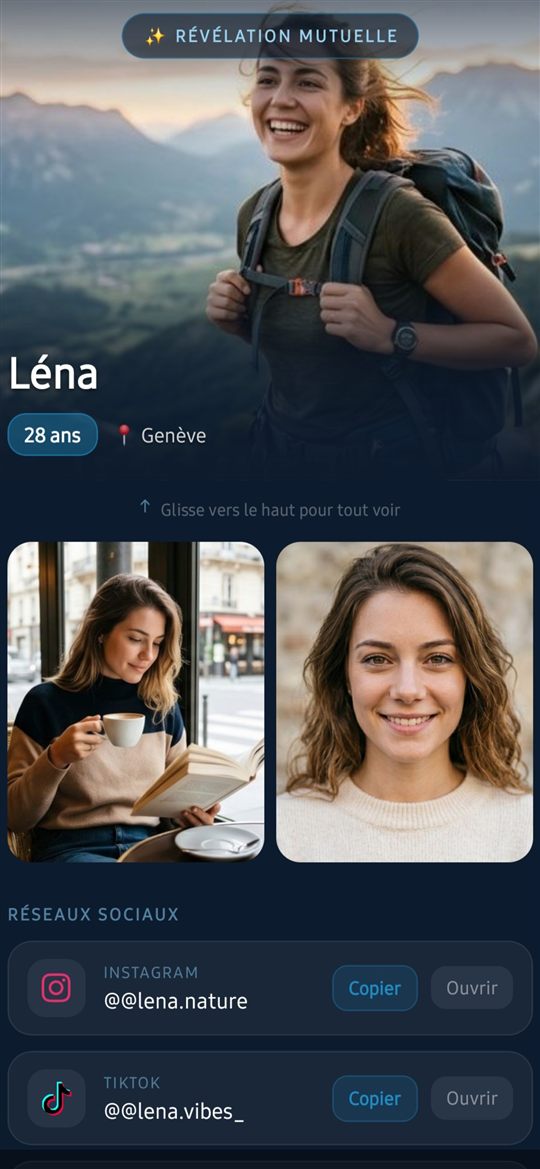 Écran Révélation mutuelle : le profil de Léna, 28 ans, à Genève, se dévoile après accord des deux personnes.